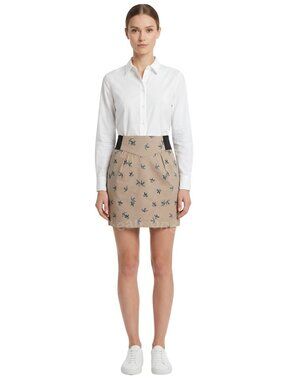 Divided By H&M Beige Blue Bird Print Black Waist Panels Tulip Skirt Size 2